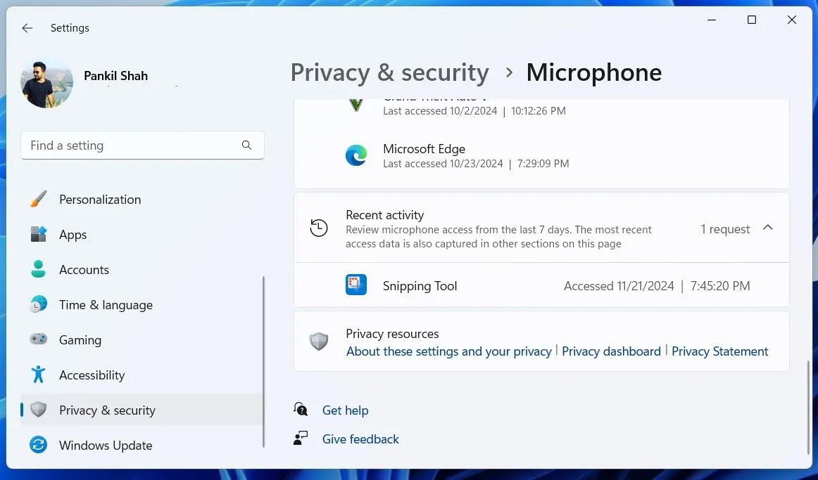 Hoạt động sử dụng Micro gần đây trong cài đặt quyền riêng tư của Windows 11
