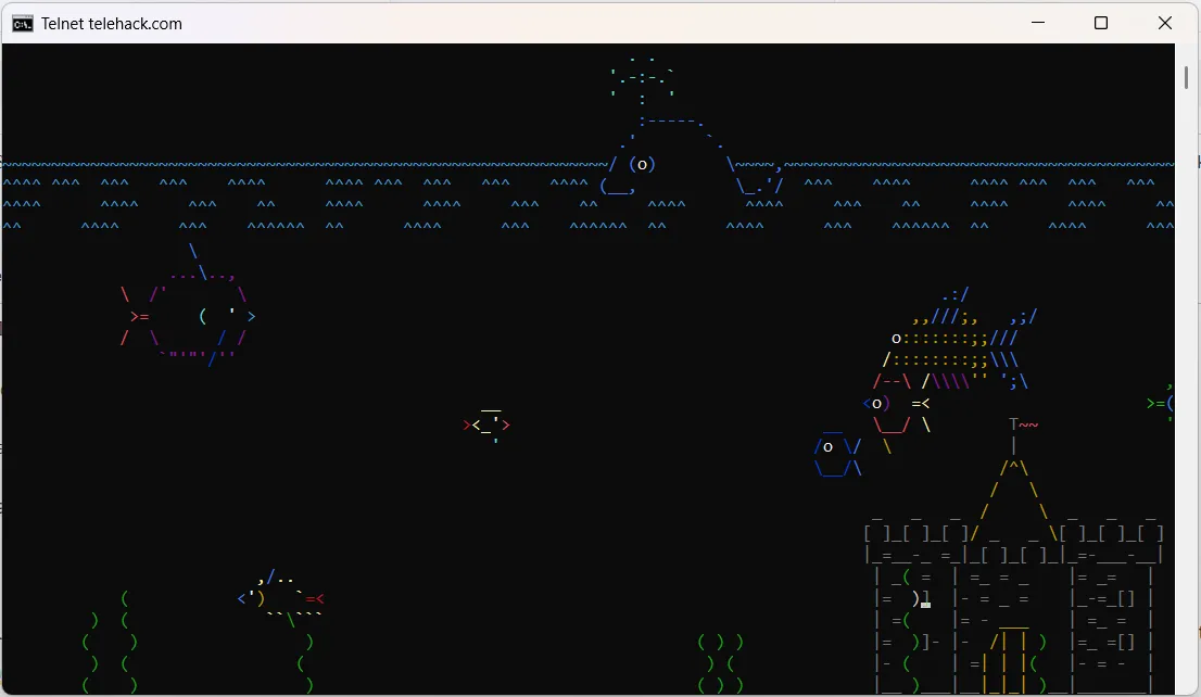Hoạt hình bể cá ASCII trong Command Prompt trên Windows.