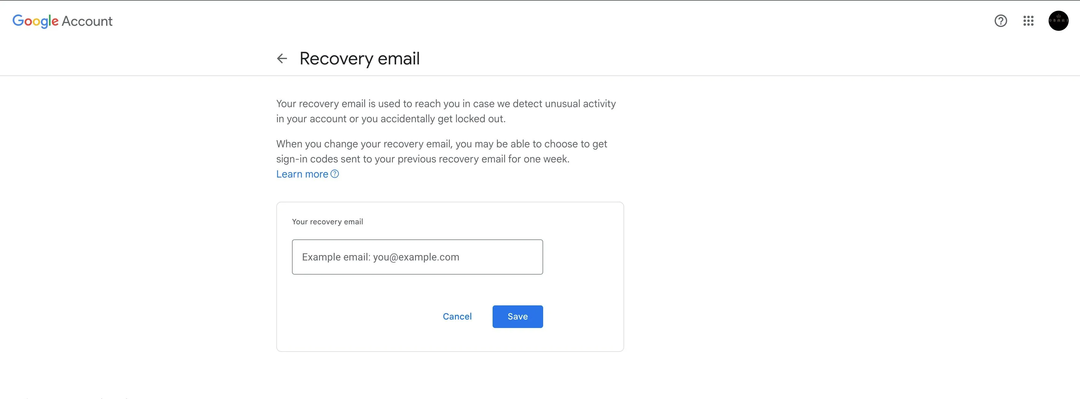 Hộp nhập email khôi phục trong tài khoản Google, minh họa tùy chọn khôi phục tài khoản cần kiểm tra.