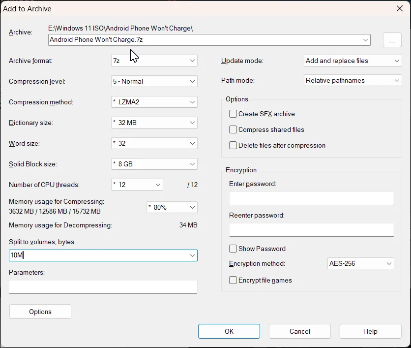 Hộp thoại Add to Archive của 7-Zip trên Windows 11 với trường Split to volumes, bytes