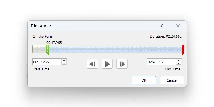 Hộp thoại Cắt âm thanh trong PowerPoint cho phép điều chỉnh độ dài tệp âm thanh.