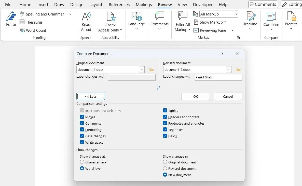 Hộp thoại Compare Documents trong Microsoft Word để chọn file so sánh