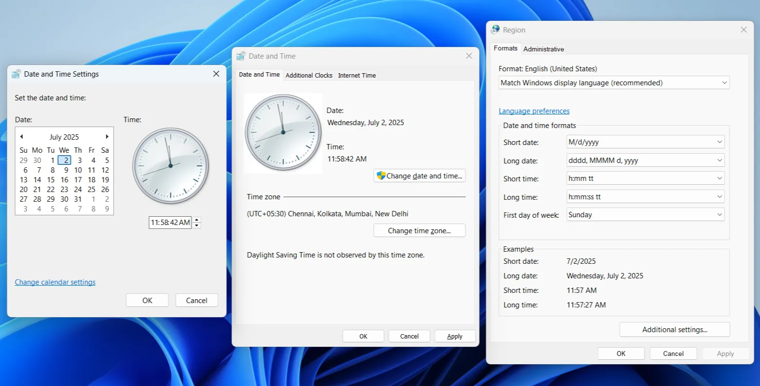 Hộp thoại Date and Time truyền thống trên Windows với các tùy chọn cài đặt ngày giờ và múi giờ phụ