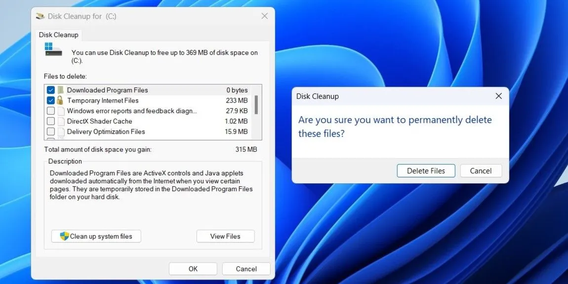 Hộp thoại Disk Cleanup xác nhận xóa các tệp tin không cần thiết trong Windows