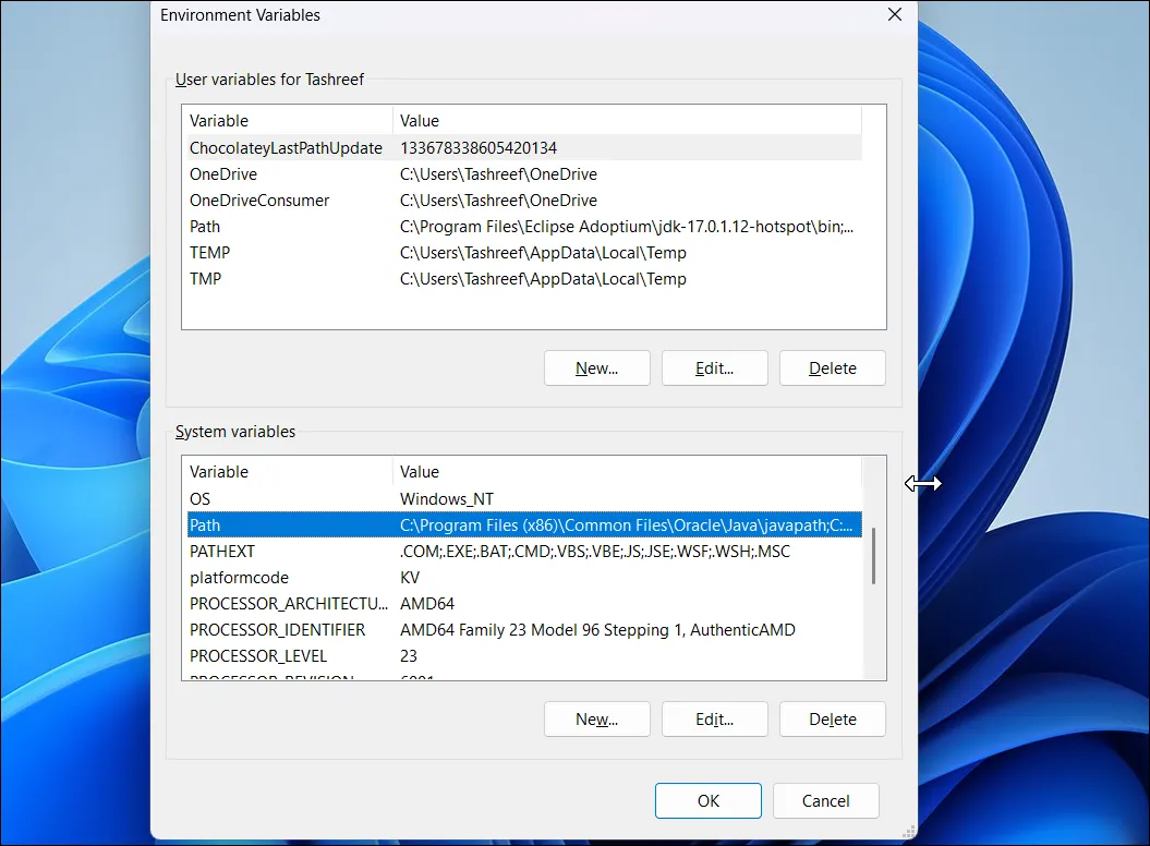 Hộp thoại Environment Variables với dòng Path được chọn trong Windows 11