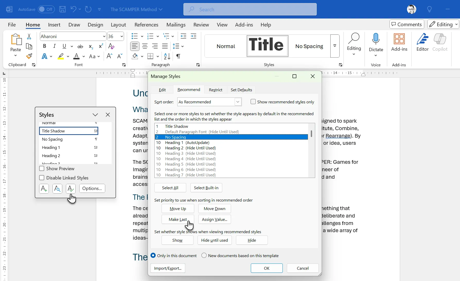 Hộp thoại Manage Styles cho phép sắp xếp lại thứ tự Styles trong Microsoft Word