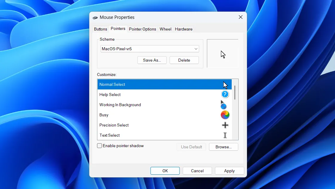 Hộp thoại Mouse Properties cổ điển trong Windows 11, hiển thị các tùy chỉnh con trỏ chuột