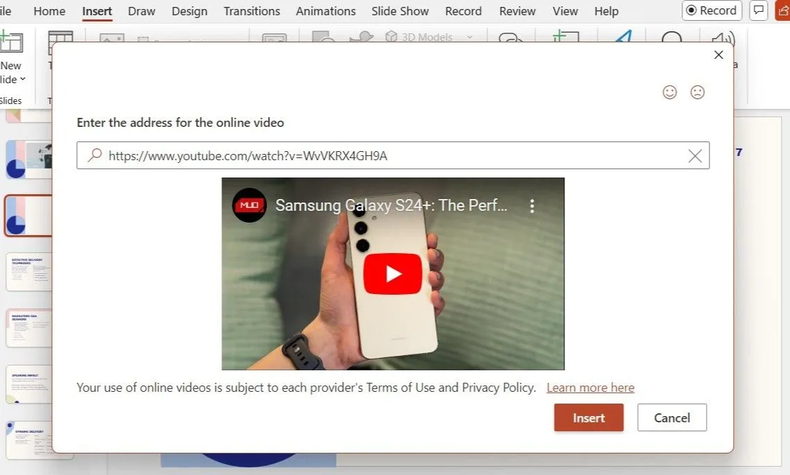 Hộp thoại Online Video trong PowerPoint với URL của video YouTube được dán