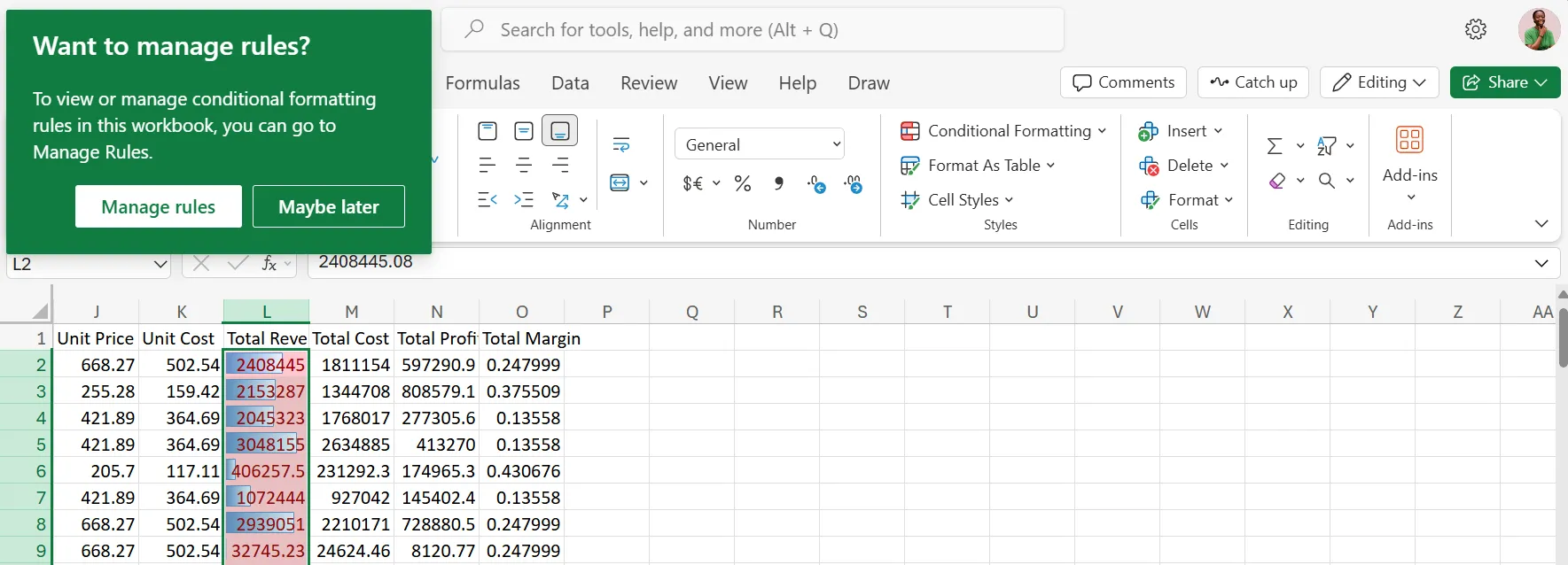 Hộp thoại Quản lý Quy tắc Định dạng có điều kiện trong Excel Online, hiển thị các tùy chọn tùy chỉnh Thanh dữ liệu