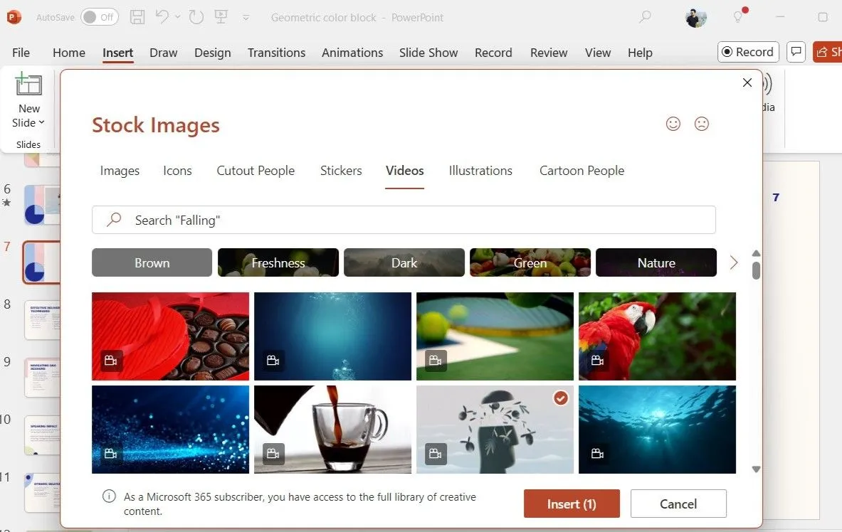 Hộp thoại Stock Videos trong PowerPoint hiển thị các video chất lượng cao từ thư viện Microsoft 365