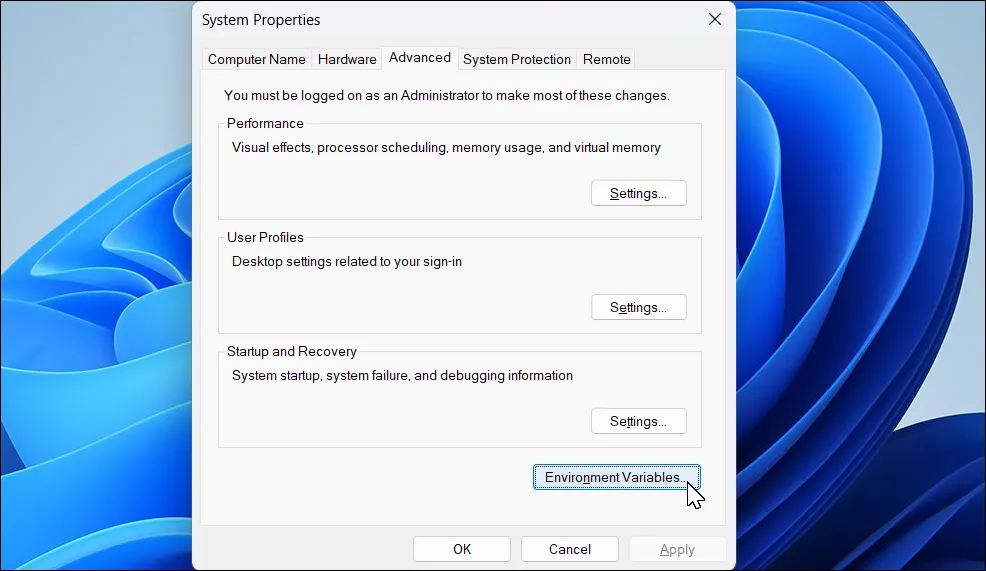 Hộp thoại System Properties trong Windows 11