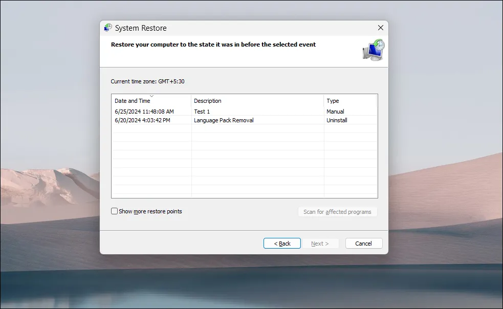 Hộp thoại System Restore hiển thị các điểm khôi phục có sẵn trong Windows 11