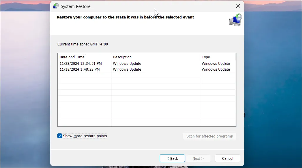 Hộp thoại System Restore trong Windows 11 hiển thị các điểm khôi phục hệ thống có sẵn