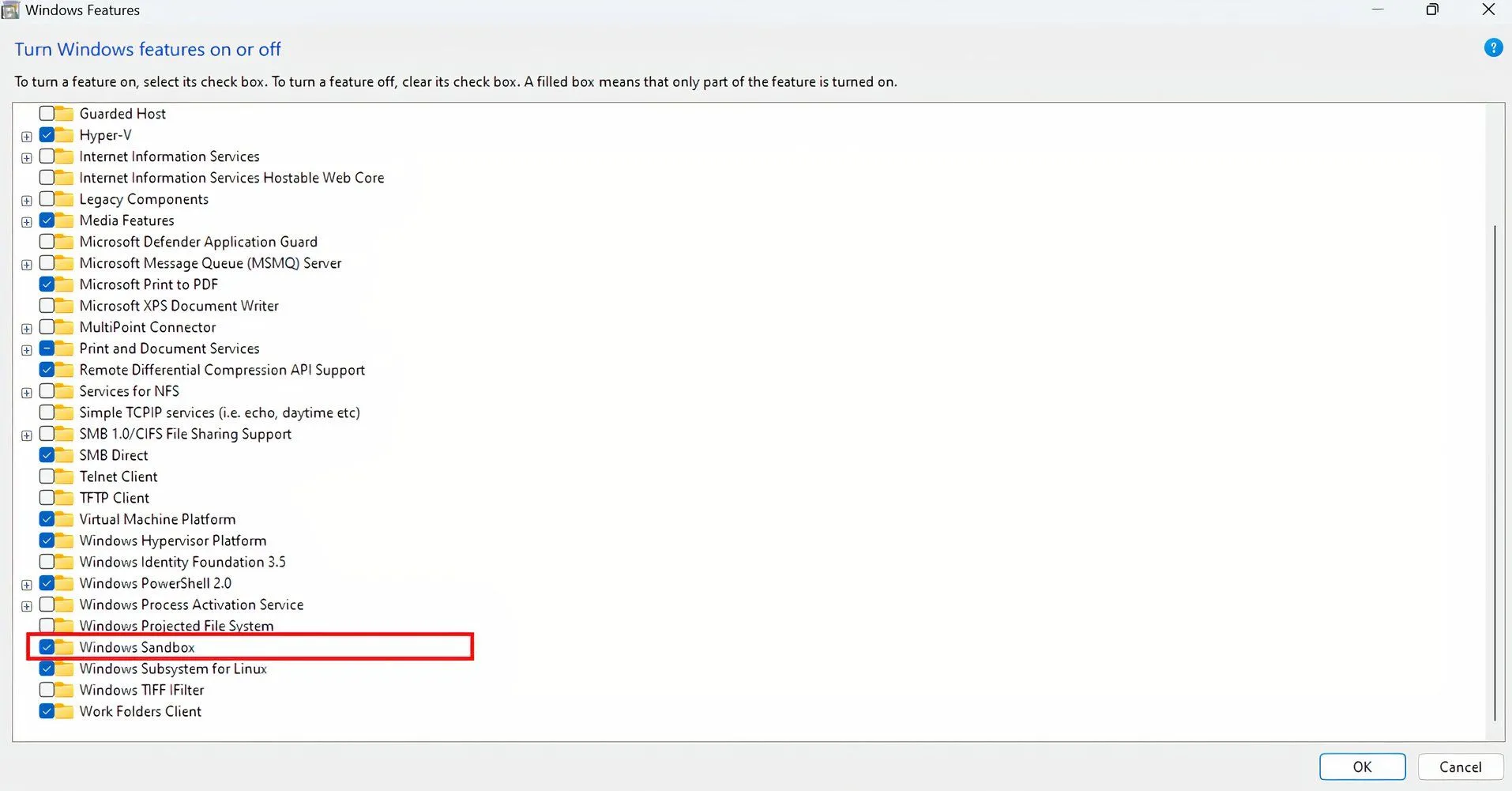 Hộp thoại &quot;Tính năng Windows&quot; hiển thị tùy chọn Windows Sandbox để kích hoạt