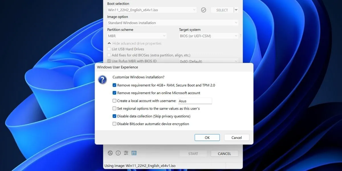 Hộp thoại tùy chỉnh trải nghiệm người dùng Windows trong Rufus để bỏ qua TPM, tài khoản Microsoft và tắt thu thập dữ liệu
