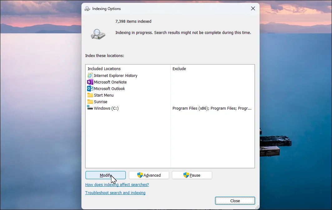 Hộp thoại tùy chọn Indexing (Lập chỉ mục) trên Windows 11, hiển thị cài đặt để tăng tốc tìm kiếm file.