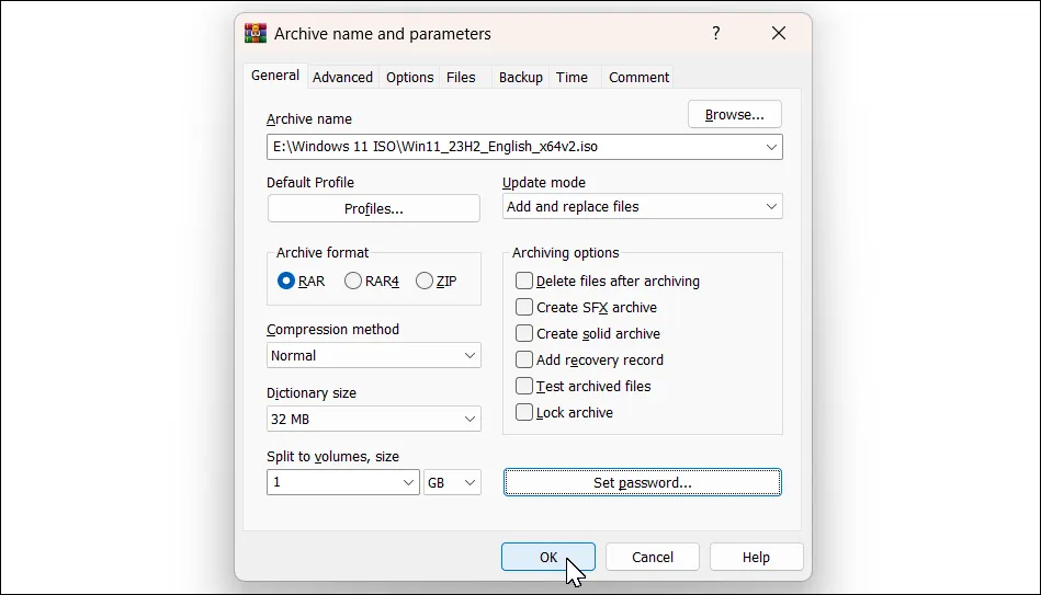 Hộp thoại WinRAR Add to archive trên Windows 11 với tùy chọn chia nhỏ file