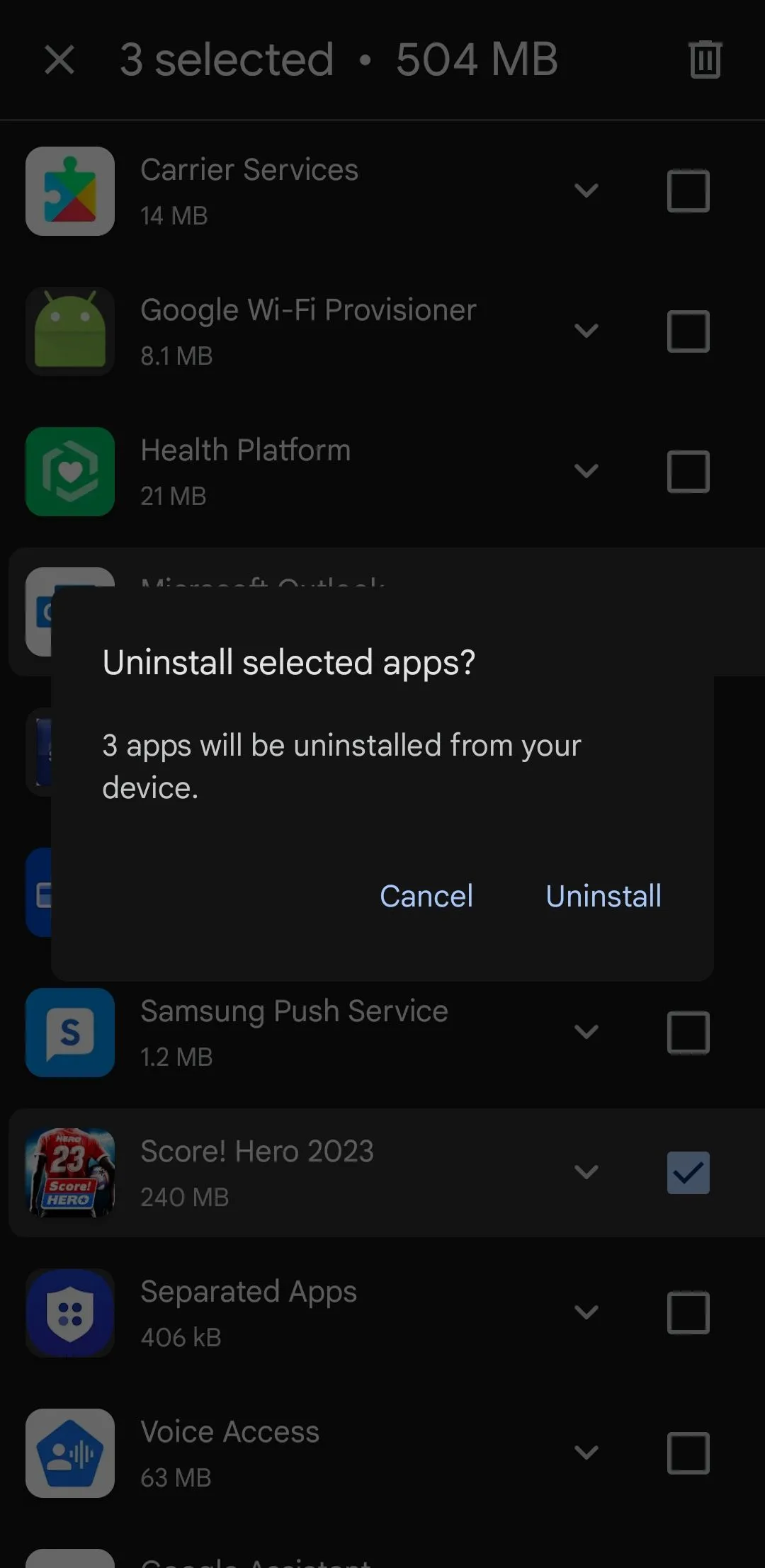 Hộp thoại xác nhận gỡ bỏ ứng dụng đã chọn từ Google Play Store
