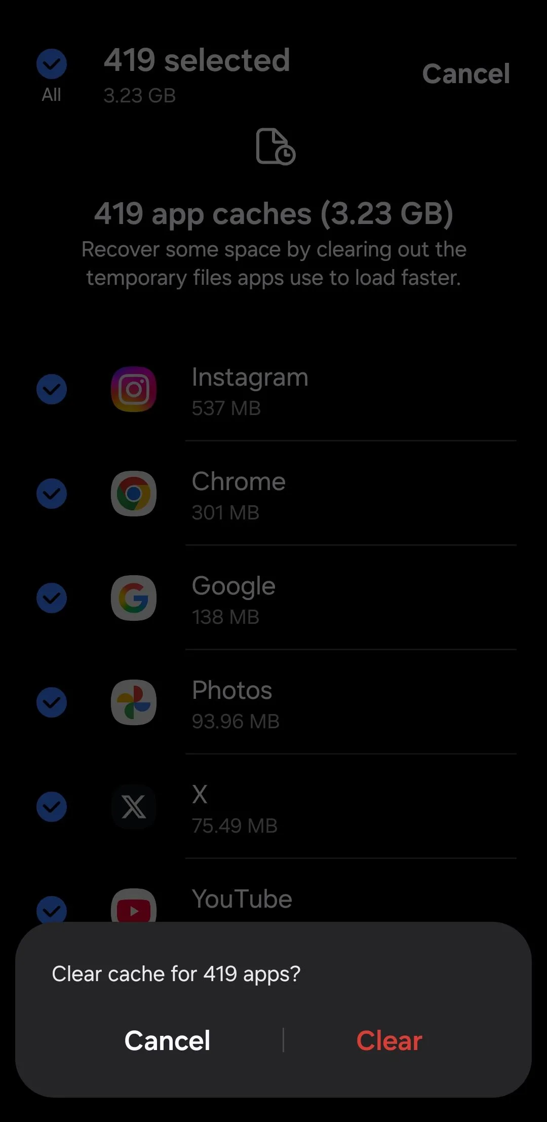 Hộp thoại xác nhận xóa bộ nhớ đệm cho các ứng dụng đã chọn trên điện thoại Samsung