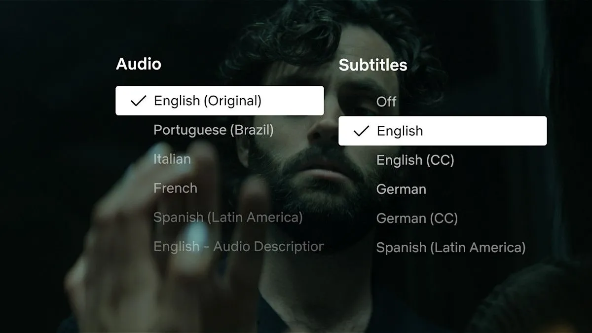 Hướng dẫn cách bật tính năng phụ đề chỉ lời thoại trên Netflix qua cài đặt ngôn ngữ.