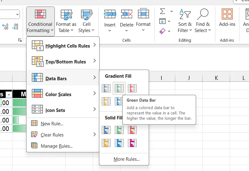 Hướng dẫn chọn Data Bars trong tùy chọn Conditional Formatting của Excel.