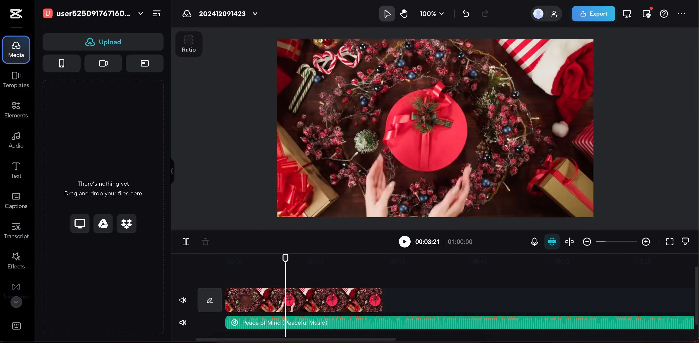 Hướng dẫn tải lên tệp media bao gồm nhạc riêng của bạn vào CapCut Online để chỉnh sửa video.