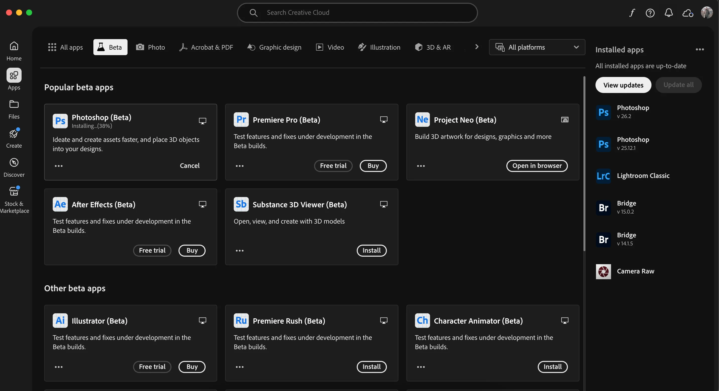 Hướng dẫn tải phiên bản Photoshop Beta thông qua ứng dụng Adobe Creative Cloud để trải nghiệm các tính năng AI mới nhất.