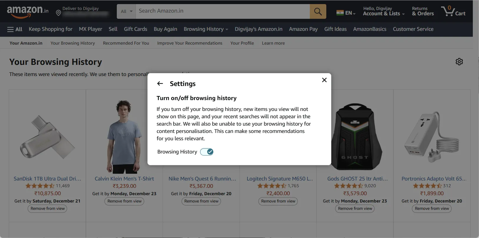 Hướng dẫn tắt tính năng theo dõi lịch sử duyệt web trên Amazon