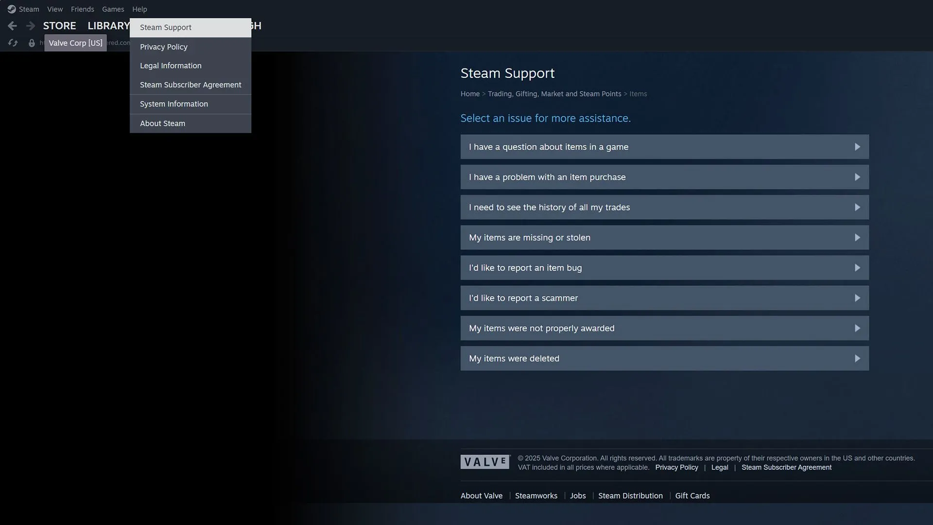 Hướng dẫn truy cập mục hỗ trợ Steam để báo cáo giao dịch thị trường Cộng đồng