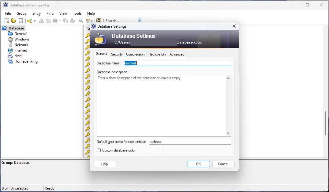 KeePass Database settings dialog