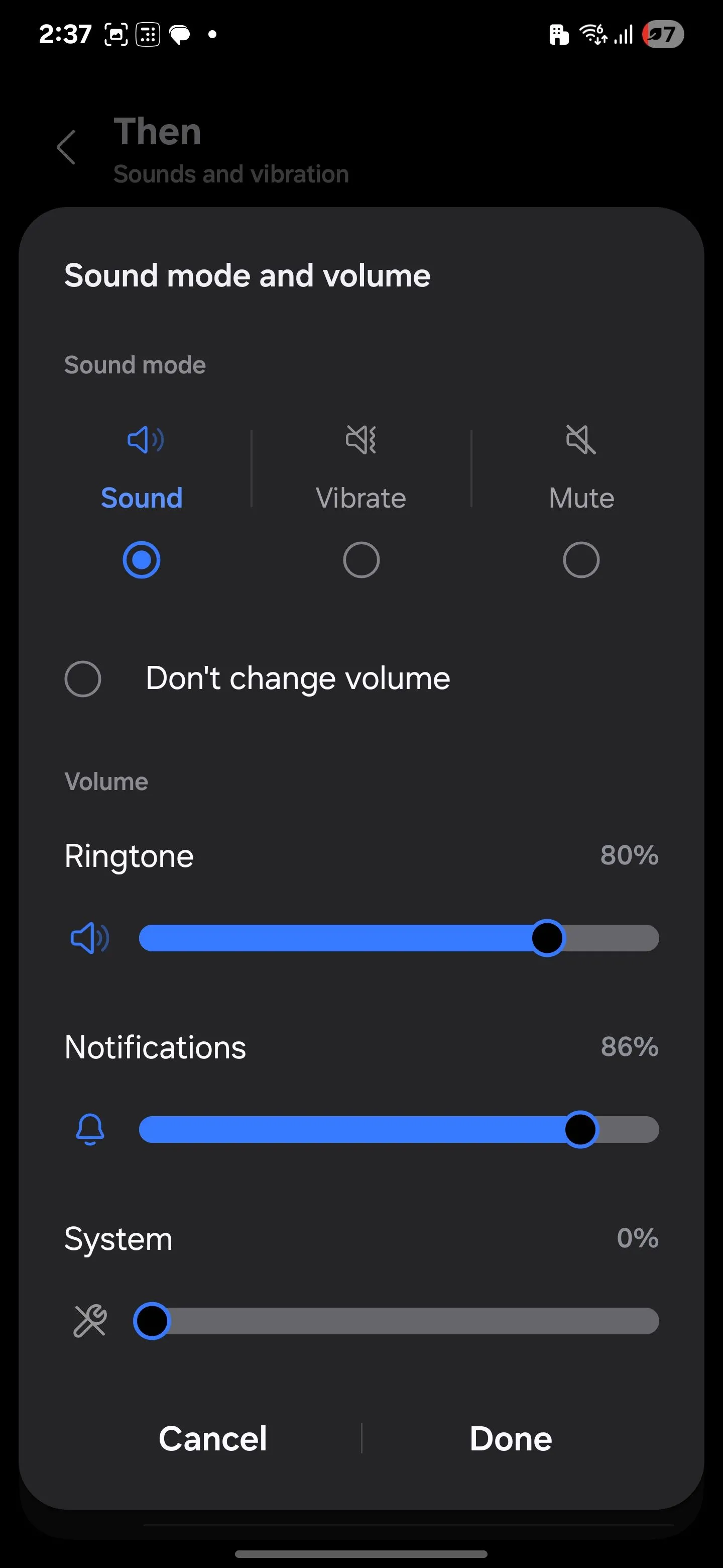 Kéo thanh trượt âm lượng hệ thống về 0 trong giao diện Modes and Routines của Samsung