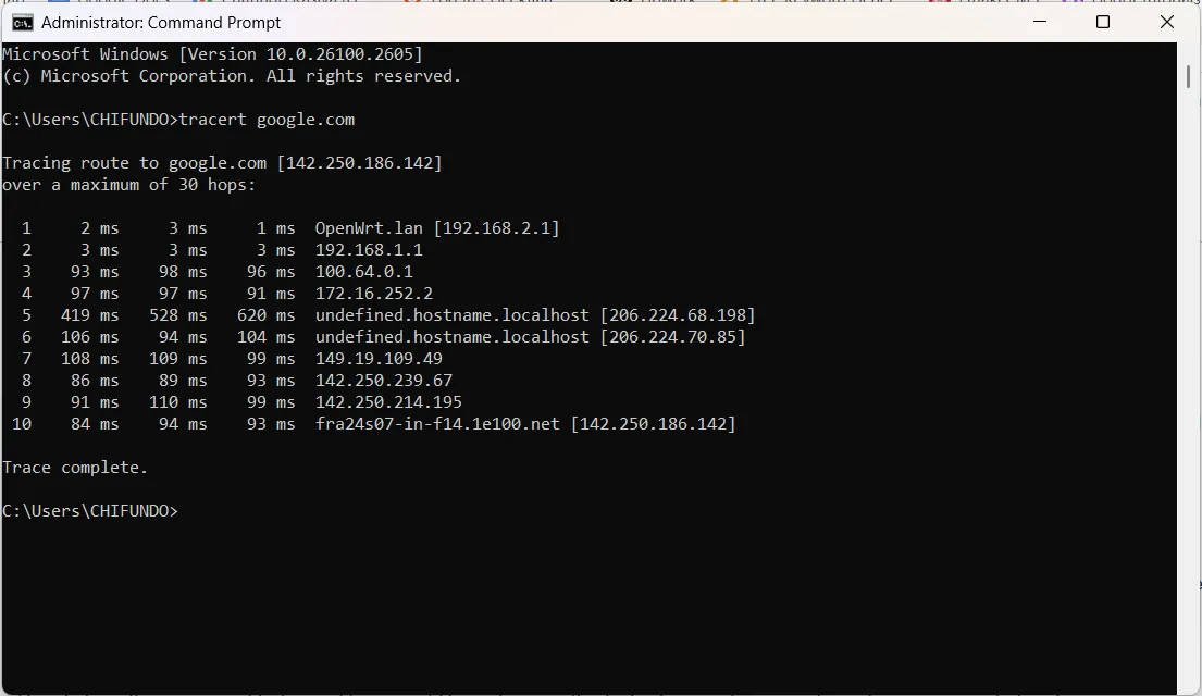 Kết quả của lệnh tracert sau khi theo dõi đường truyền đến Google.com.
