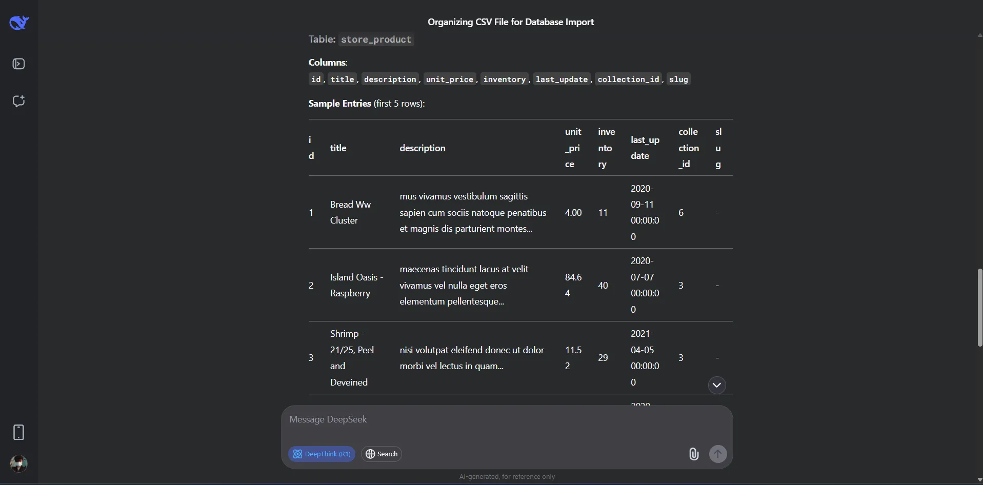 Kết quả DeepSeek xử lý dữ liệu cấu trúc thành bảng rõ ràng và chính xác
