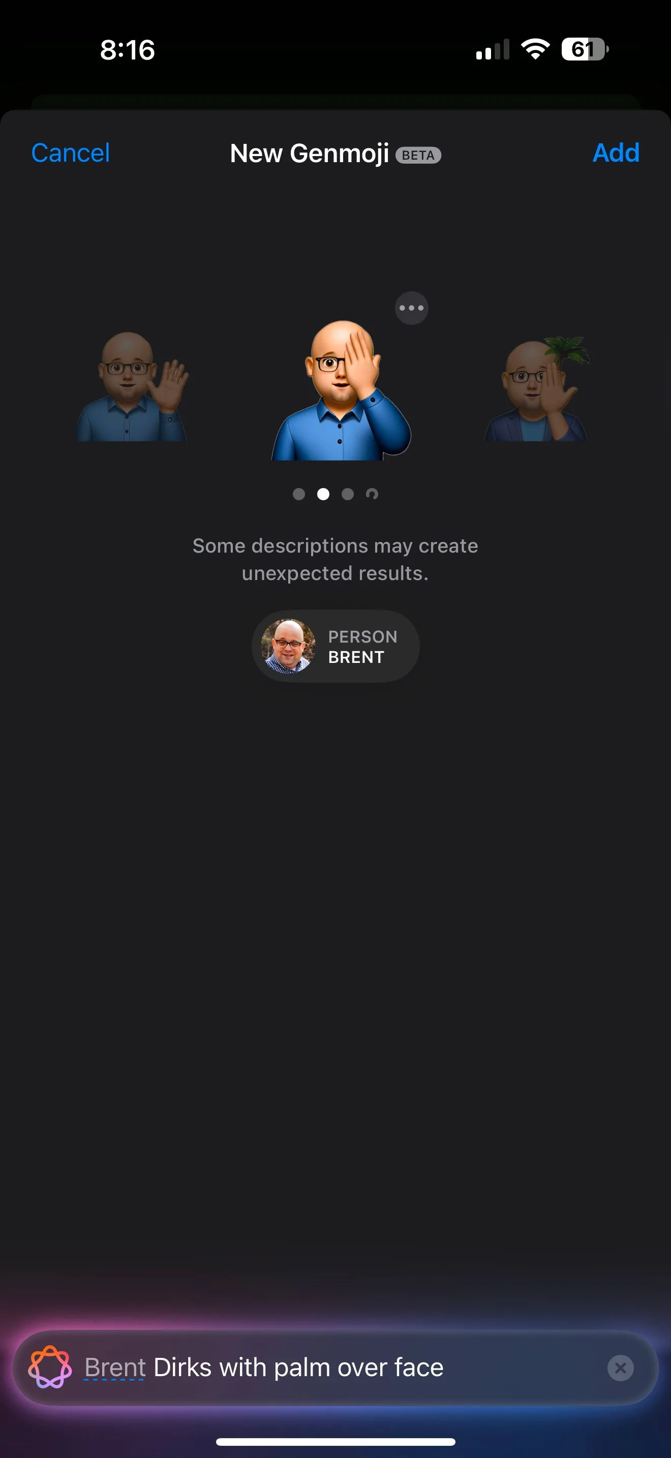 Kết quả Genmoji độc đáo hiển thị biểu tượng cảm xúc 'facepalm' được cá nhân hóa