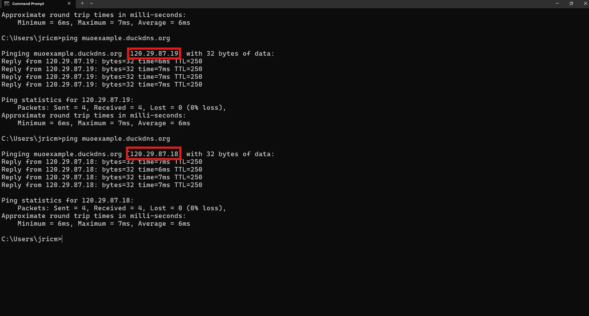Kết quả kiểm tra Dynamic DNS (DDNS) thành công với DuckDNS qua lệnh ping