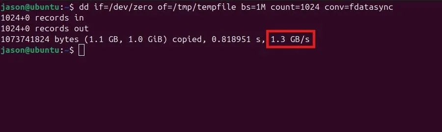 Kết quả kiểm tra tốc độ ghi ổ đĩa SSD trên hệ điều hành Linux sử dụng lệnh dd