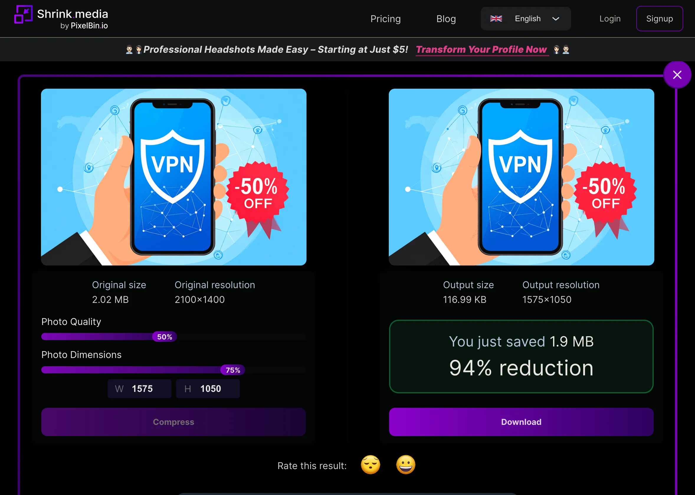 Kết quả nén ảnh trên Shrink.media, hiển thị kích thước gốc và sau khi xử lý