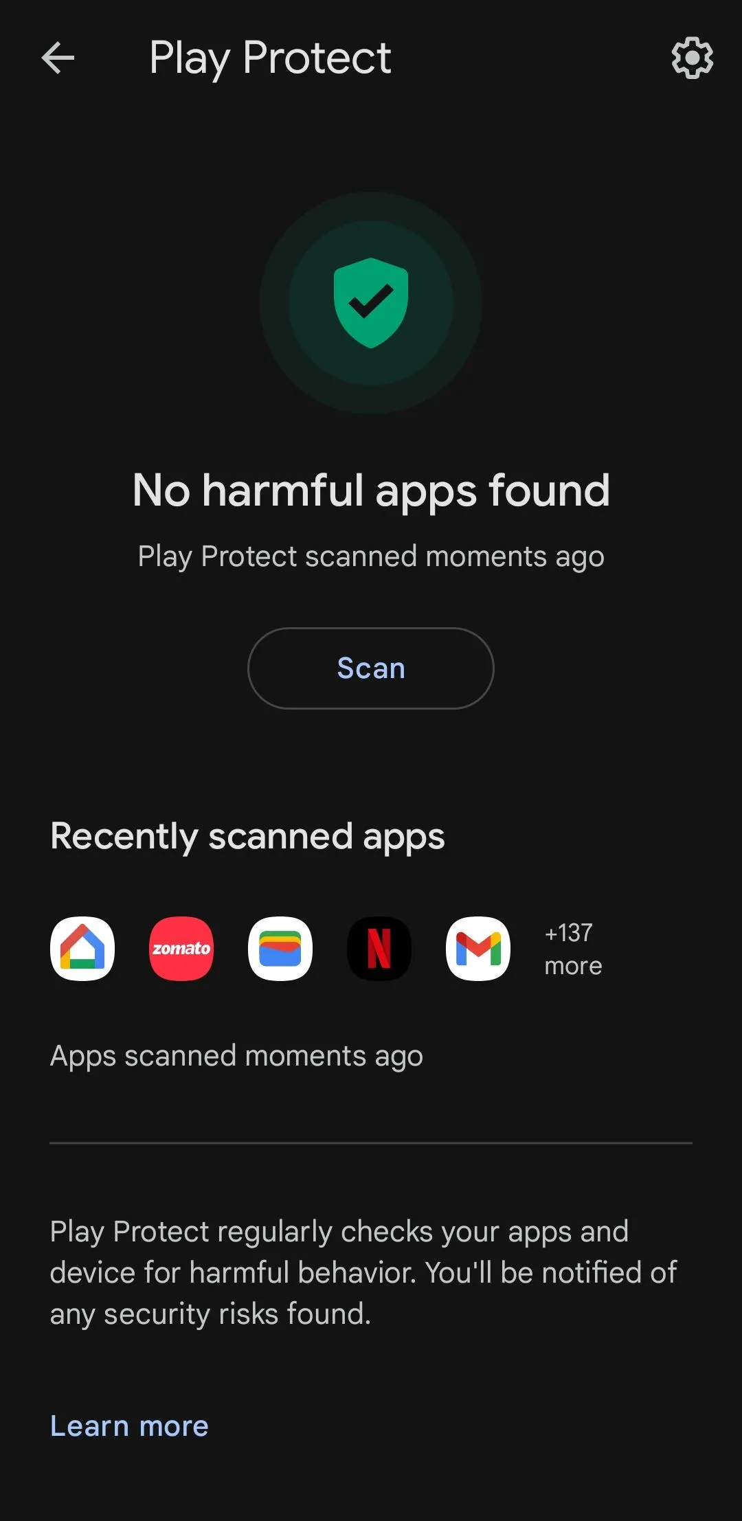 Kết quả quét của Google Play Protect trên thiết bị Android kiểm tra ứng dụng an toàn.