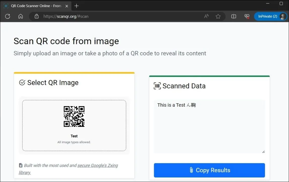 Kết quả quét mã QR từ hình ảnh bằng công cụ trực tuyến ScanQR hiển thị dữ liệu đã quét