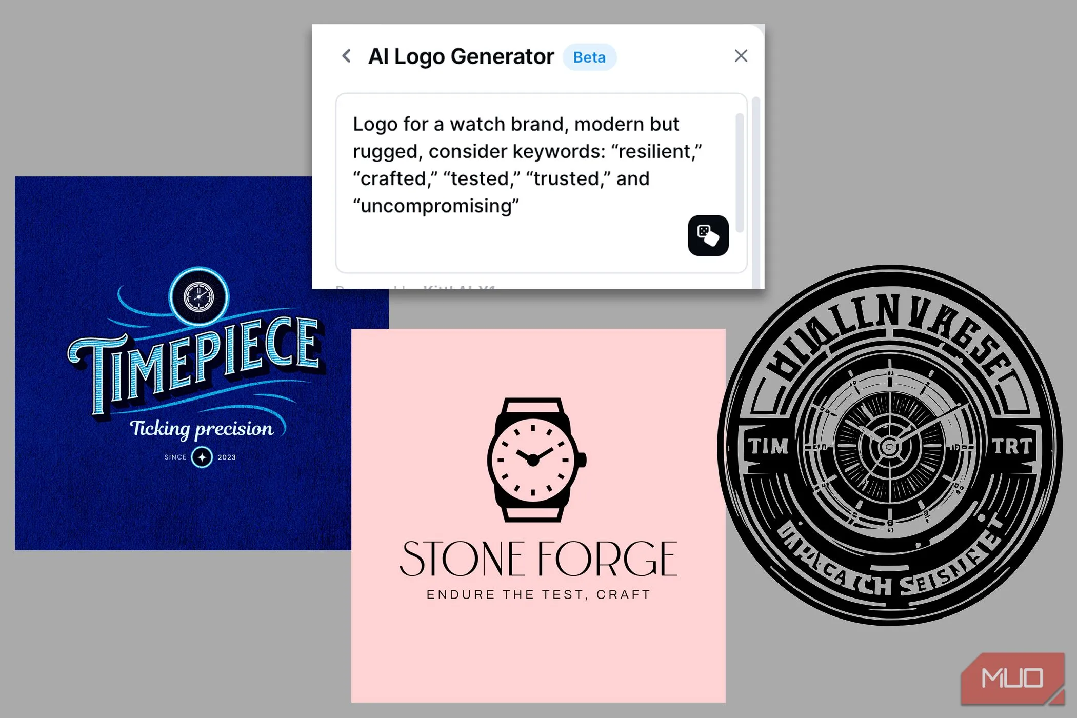 Kết quả thiết kế logo đồng hồ quân đội từ Kittl AI Logo Generator, bao gồm tên thương hiệu và biểu tượng