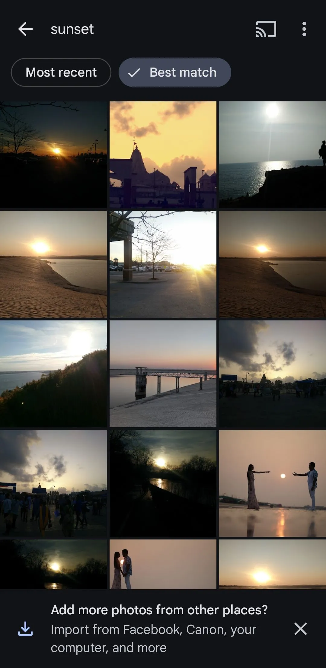 Kết quả tìm kiếm ảnh hoàng hôn (sunset) hiển thị trên ứng dụng Google Photos