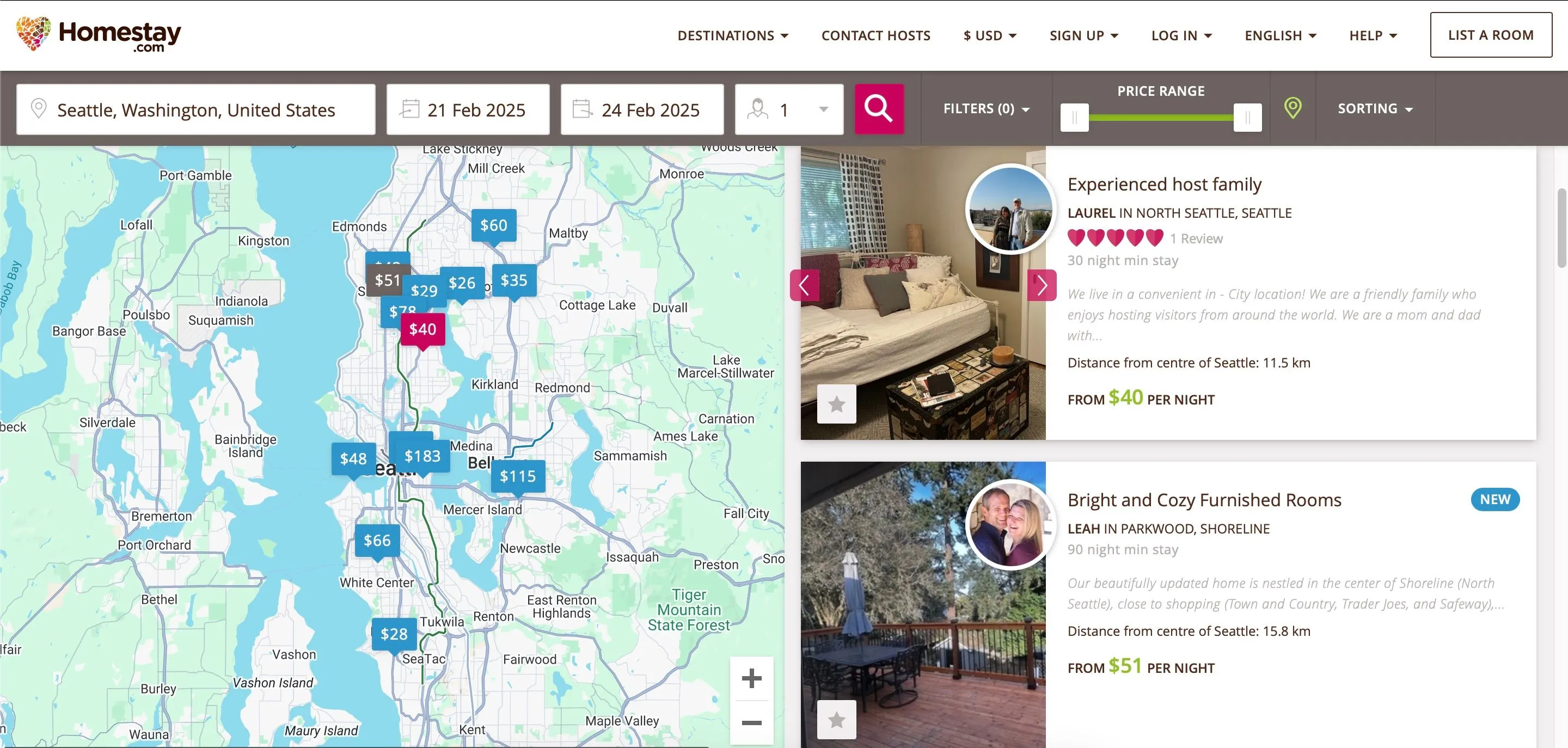 Kết quả tìm kiếm Homestay tại Seattle, hiển thị các lựa chọn phòng nghỉ và chủ nhà.