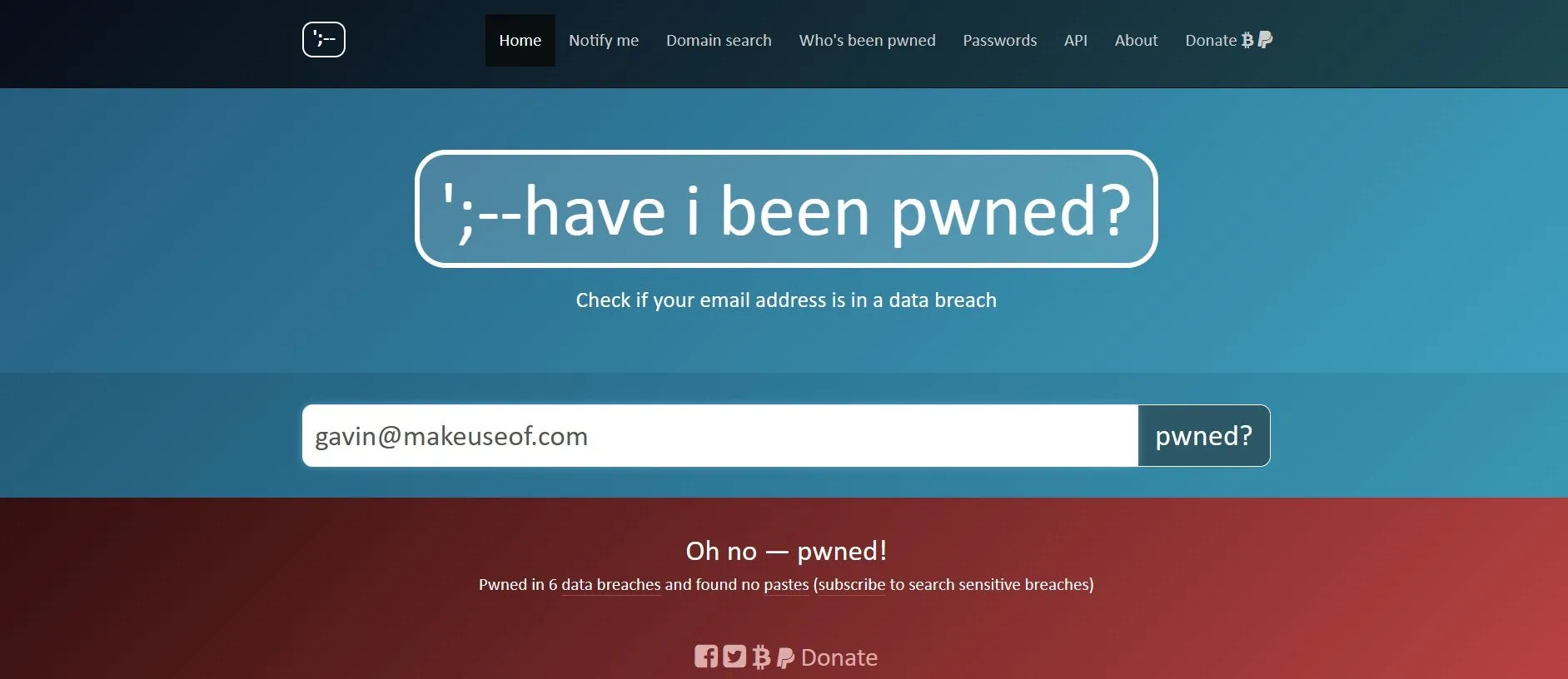 Kết quả tìm kiếm trên Have I Been Pwned cho thấy email bị lộ thông tin