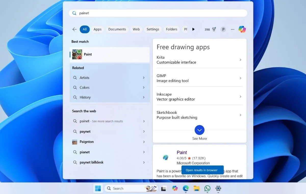 Kết quả tìm kiếm trên Menu Start Windows 11 bao gồm cả kết quả từ web