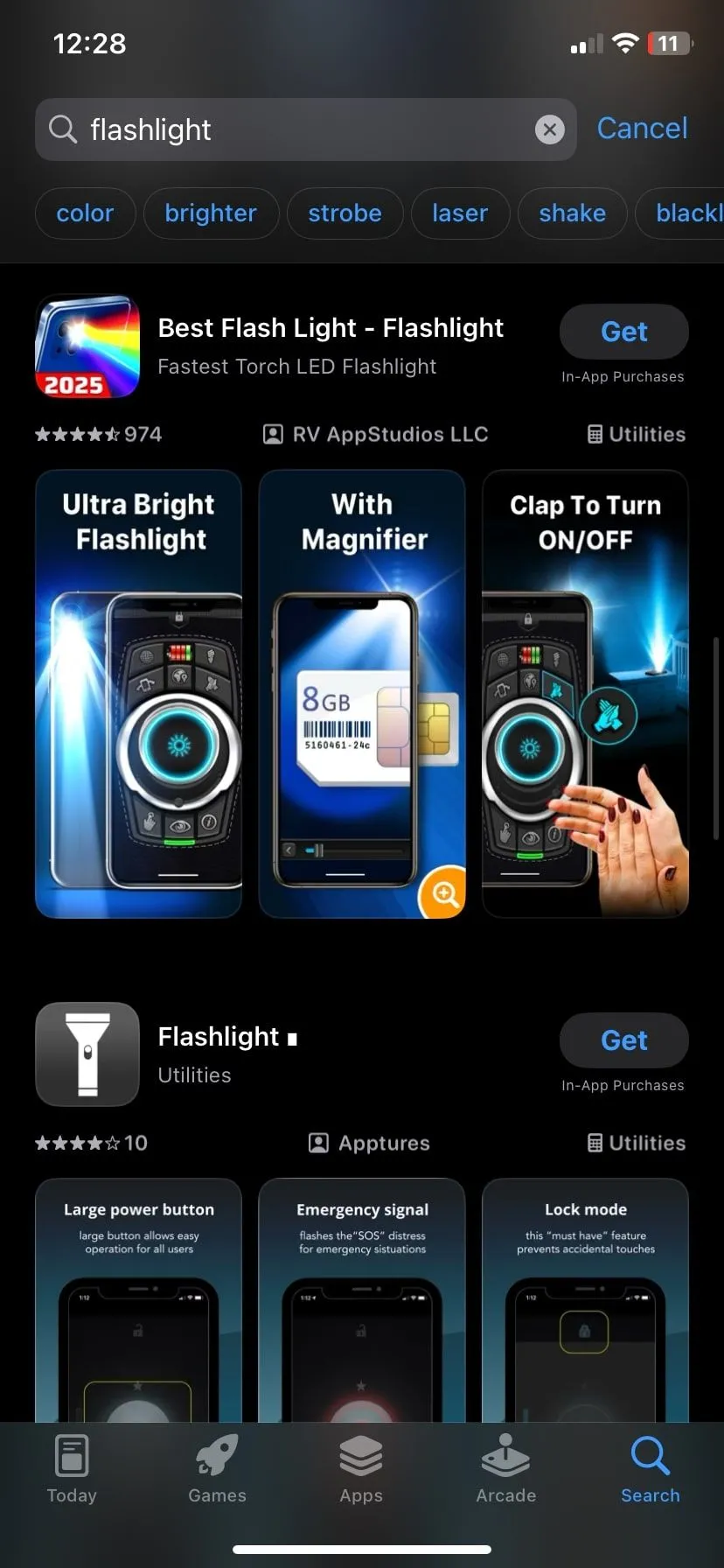 Kết quả tìm kiếm ứng dụng đèn pin trên App Store với nhiều lựa chọn