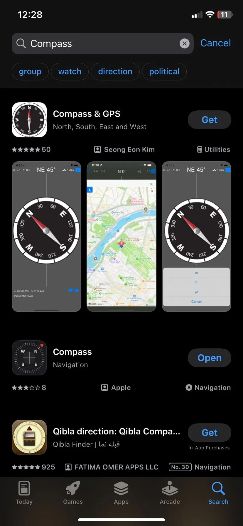 Kết quả tìm kiếm ứng dụng la bàn trên App Store