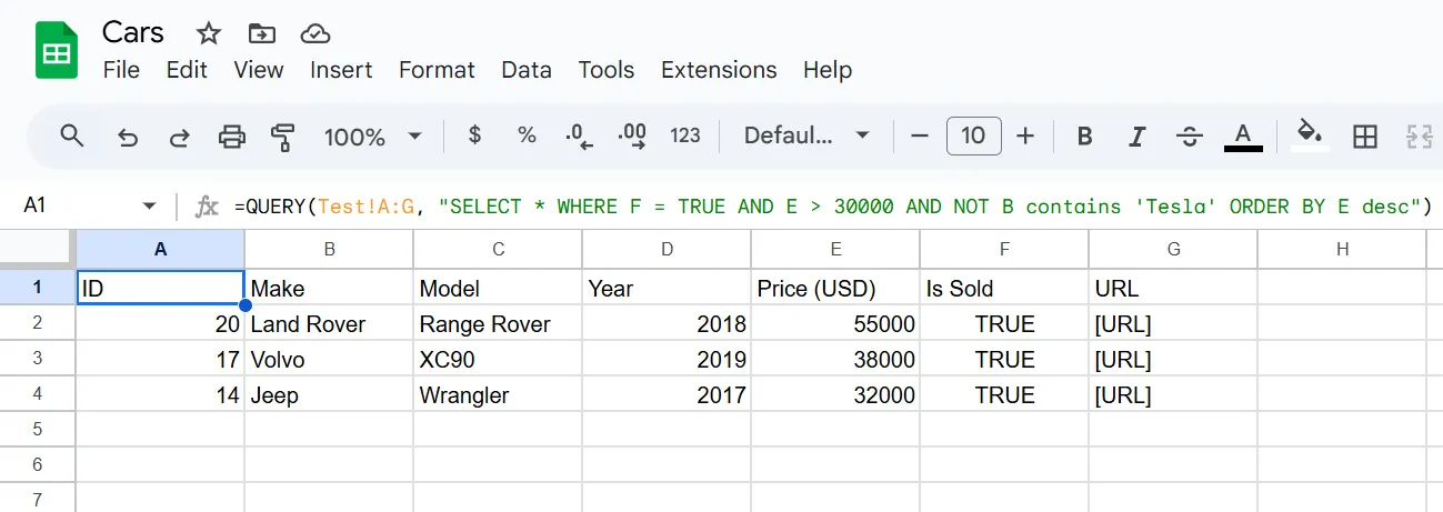 Kết quả truy vấn đa điều kiện với hàm QUERY trên một trang tính trống trong Google Sheets.