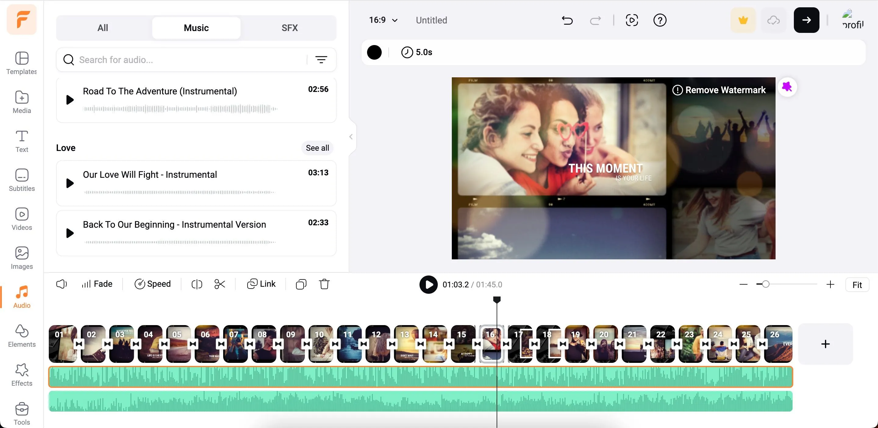 Khu vực thêm nhạc và lựa chọn các bản nhạc có sẵn trong ứng dụng FlexClip để hoàn thiện video.