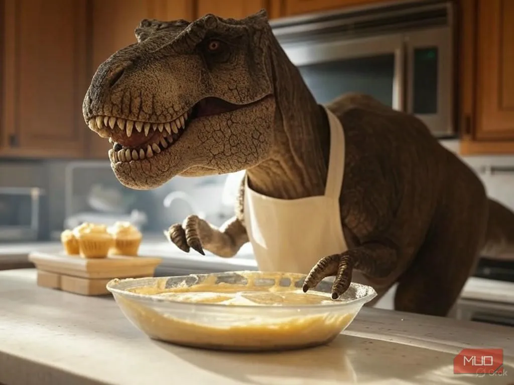 Khủng long T. rex đội mũ và tạp dề đầu bếp đang nướng bánh cupcake, một hình ảnh độc đáo được AI Grok tạo ra