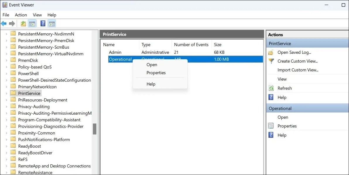 Kích hoạt ghi nhật nhật ký PrintService trong Trình xem sự kiện Windows
